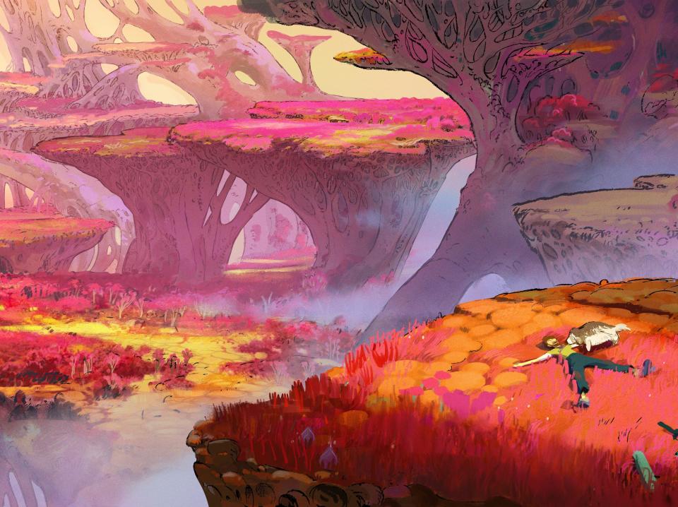 a lush landscape in strange world, with magenta foiliage instead of green grass. tree like structures rise from the ground, almost like fungi or coral, sprouting into different tree-like, shapes. in the foreground, a man lies in the magenta grass, his arms spread wide while a dog stands close to his body. in the corner, there's visible plane wreckage