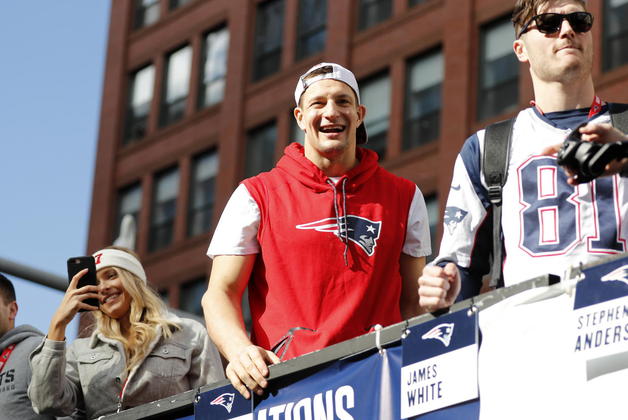 New England Patriots tight end Rob Gronkowski had his fair share of excitement at the team’s Super Bowl parade in Boston. (Photo by Fred Kfoury III/Icon Sportswire via Getty Images)