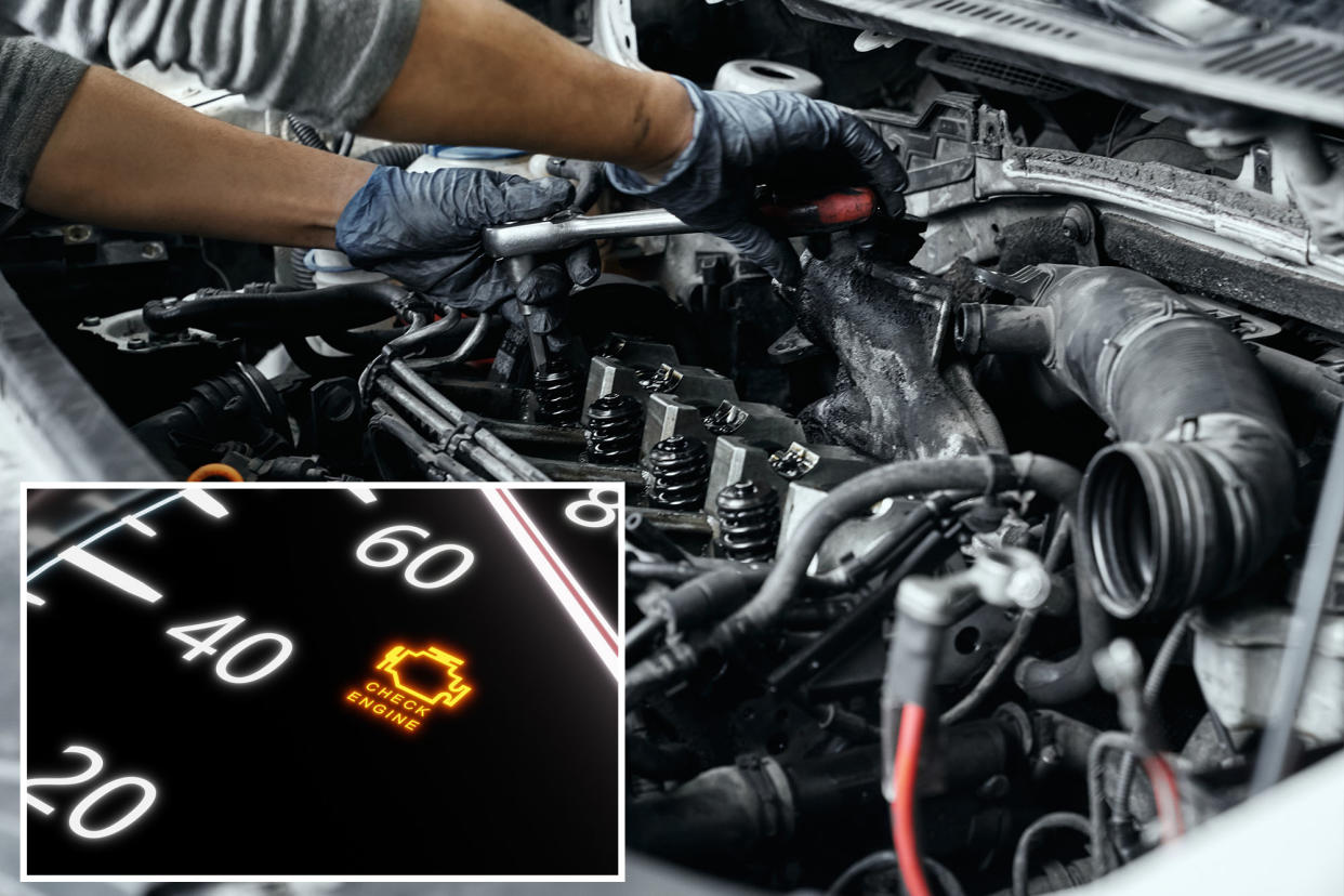 3D rendering of orange check engine light with a person working on a car engine