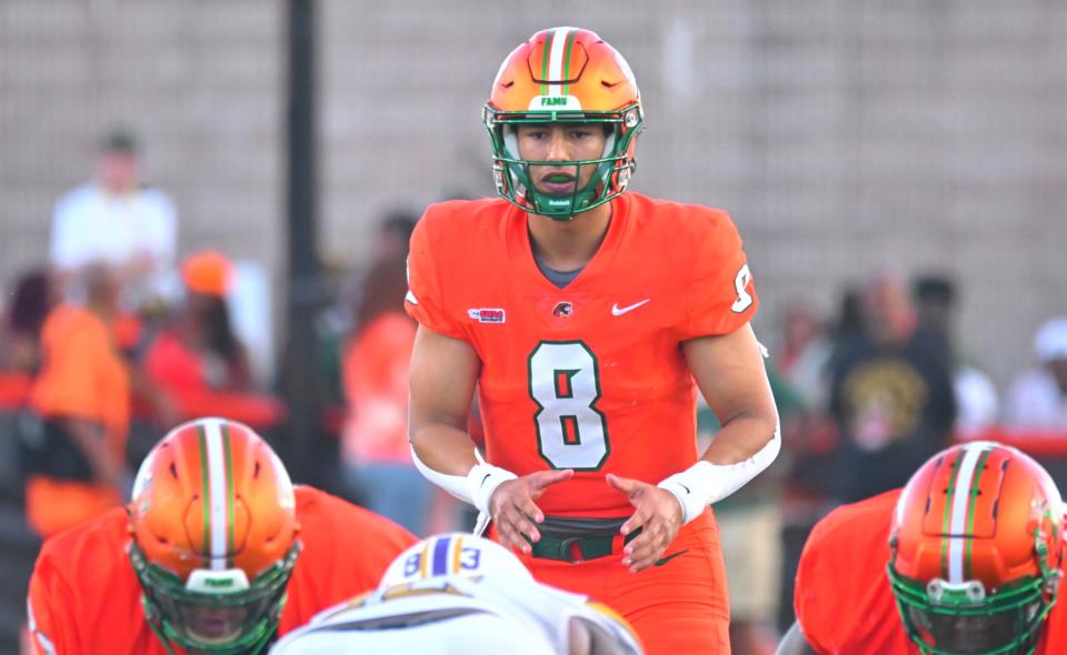 Florida A&M quarterback Jeremy Moussa awaits a snap against Prairie View A&M, Saturday, Oct. 28, 2023, in Tallahassee.