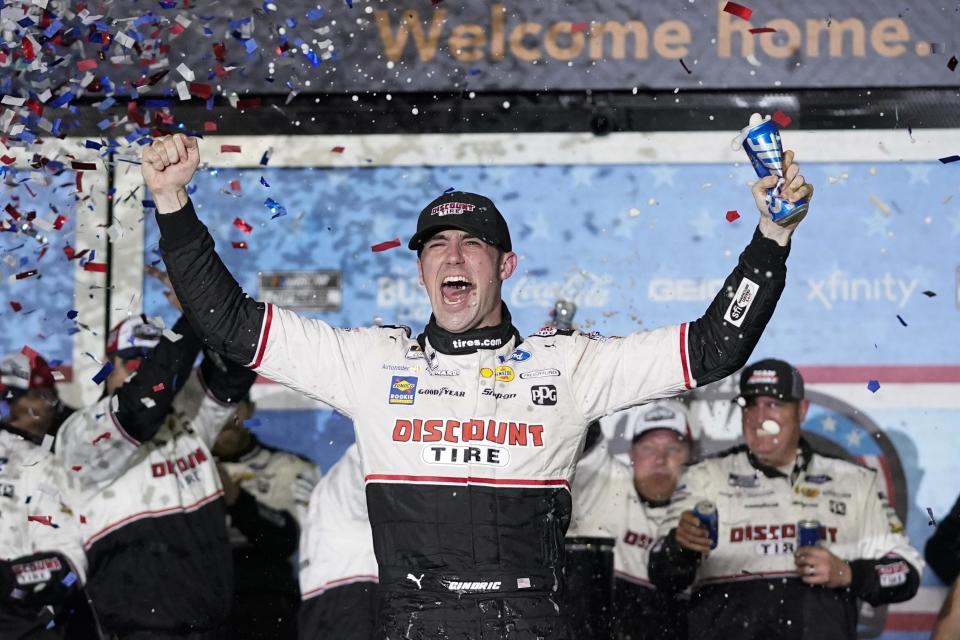 FILE - Austin Cindric celebrates in Victory Lane after winning the NASCAR Daytona 500 auto race at Daytona International Speedway, Feb. 20, 2022, in Daytona Beach, Fla. (AP Photo/John Raoux, File)