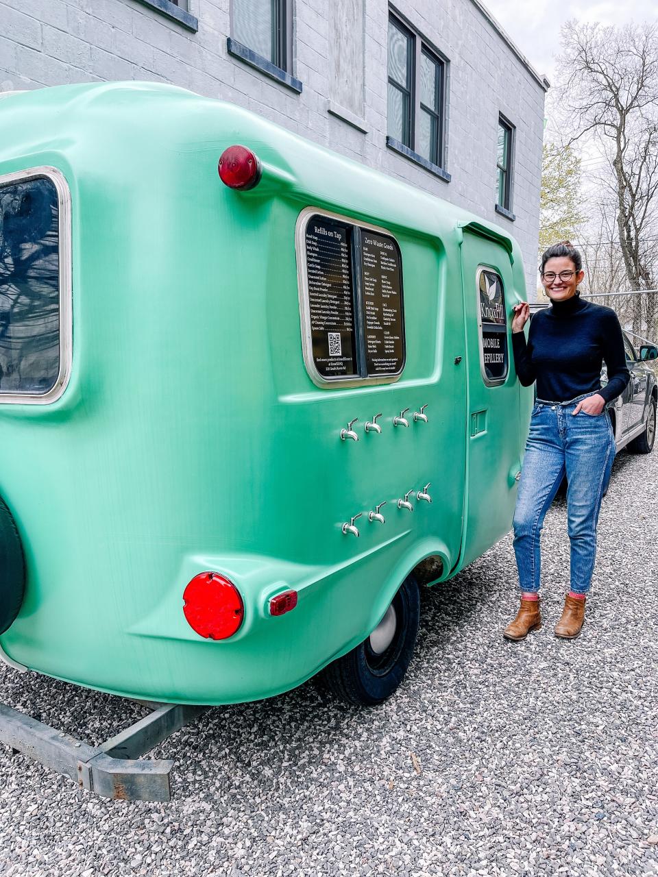 Michaela Barnett, owner of KnoxFill, with Fillomena, her mobile refillery, outside her new store in South Knoxville.