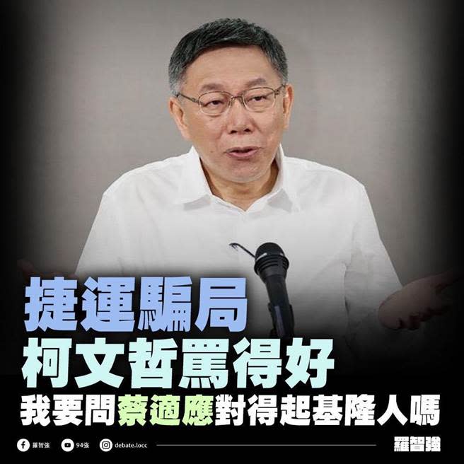 國民黨北市議員羅智強23日在臉書表示，基隆捷運就是騙局，他要問立委蔡適應對得起基隆人嗎？怒嗆騙子黨的蔡適應和林右昌，還想跟著蔡英文總統一起騙嗎？（摘自羅智強臉書／張穎齊台北傳真）