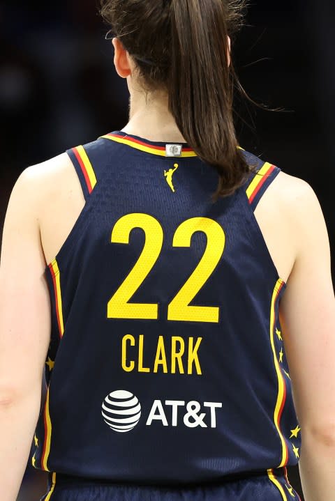 ARLINGTON, TEXAS – MAY 03: Caitlin Clark #22 of the Indiana Fever looks on while playing the Dallas Wings during a pre season game at College Park Center on May 03, 2024 in Arlington, Texas. (Photo by Gregory Shamus/Getty Images)