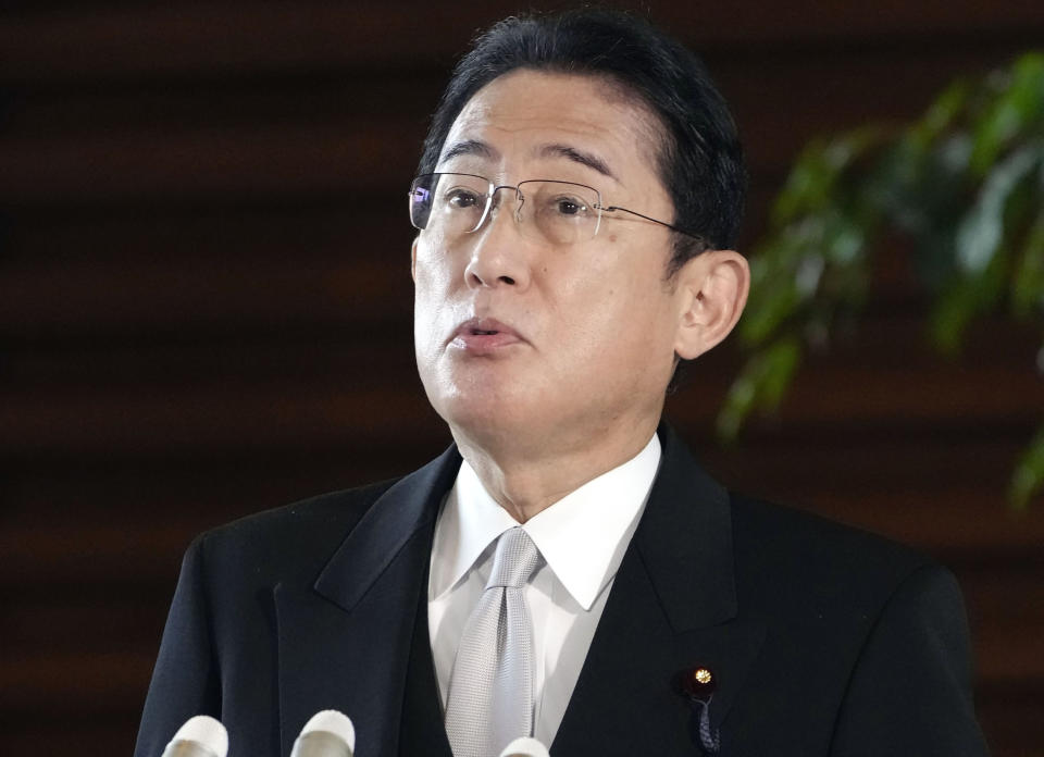 Japanese Prime Minister Fumio Kishida speaks to reporters at the prime minister's office in Tokyo, Japan, Monday, Nov 21, 2022. The internal affairs minister in Japanese Prime Minister Fumio Kishida's government was forced into resigning over funding problems on Sunday, in a blow to the scandal-prone Cabinet that has already lost two ministers in one month. (Kyodo News via AP)