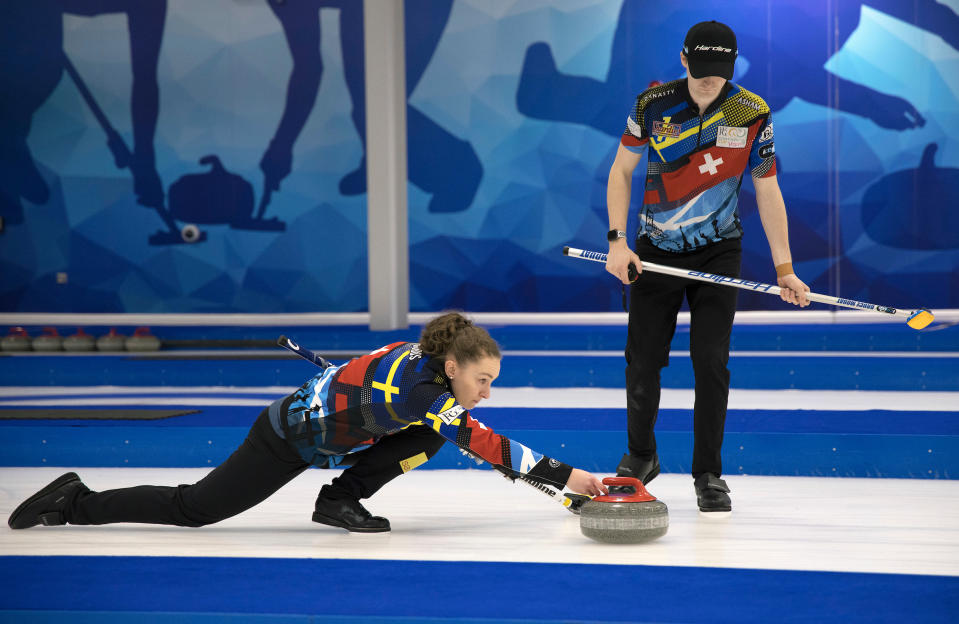 Jen Dodds and Bruce Mouat in action during the British Curling Mixed Doubles Elite Finals