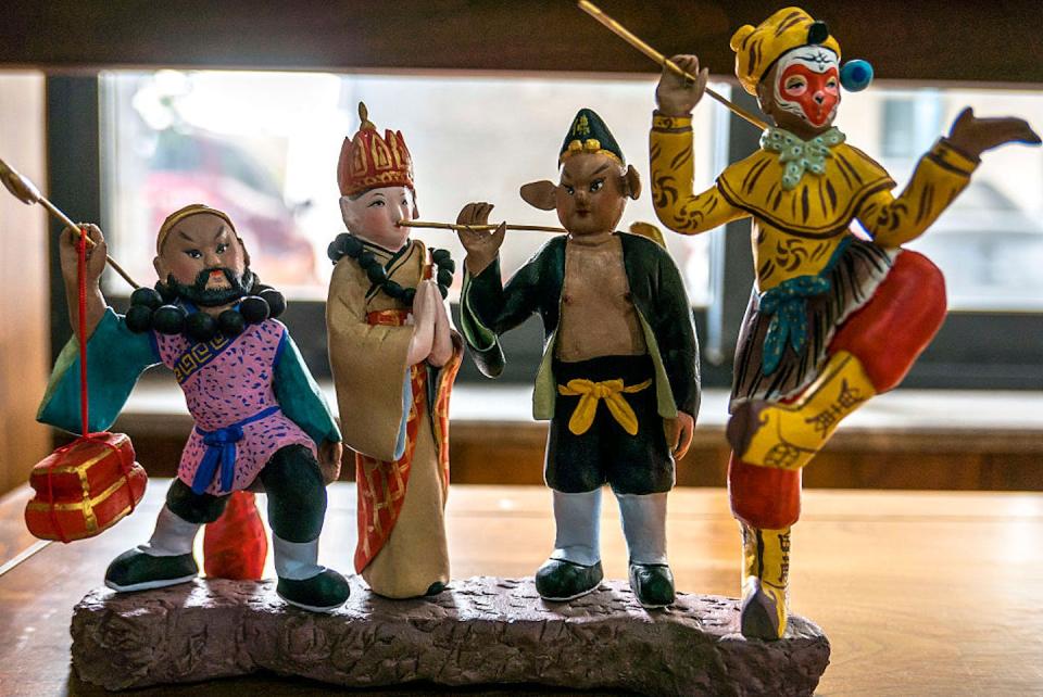 Four of the characters from ‘Journey to the West,’ made in the clay figurine technique of Huishan, China, including the Monkey King on the right. <a href="https://www.gettyimages.com/detail/news-photo/characters-of-journey-to-the-west-made-in-huishan-clay-news-photo/524791578?adppopup=true" rel="nofollow noopener" target="_blank" data-ylk="slk:Zhang Peng/LightRocket via Getty Images;elm:context_link;itc:0;sec:content-canvas" class="link ">Zhang Peng/LightRocket via Getty Images</a>