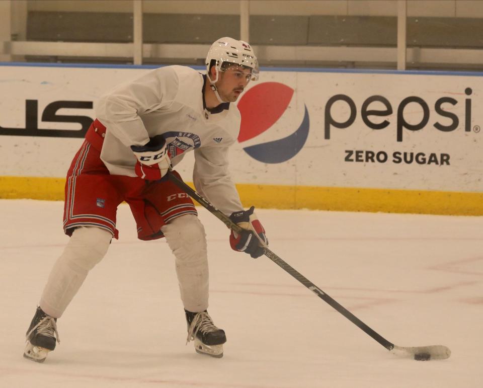 Bryce McConnell Barker in action during the New York Rangers development camp at their training center in Tarrytown, July 5, 2023. 
