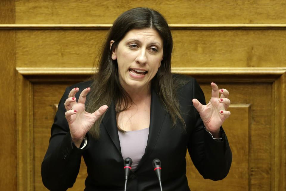 FILE - Former speaker of Parliament Zoe Konstantopoulou delivers a speech during an emergency parliament session in Athens, Greece on July 23, 2015. Three far-right and two far-left, could conceivably cross the 3% parliamentary entry threshold in Sunday's elections, despite a swing back to mainstream politicians as the scars of Greece's 10-year financial crisis gradually heal. (AP Photo/Thanassis Stavrakis, File)