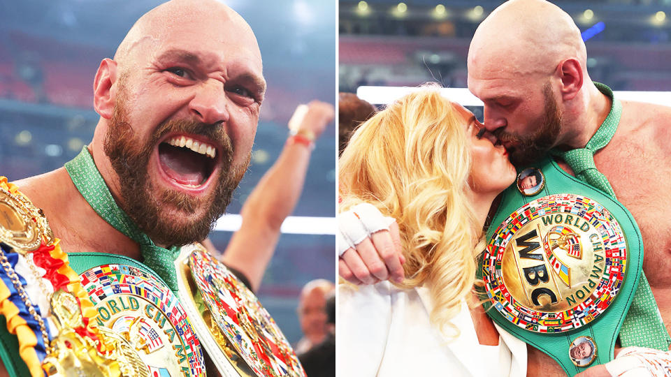 Tyson Fury, pictured here celebrating with wife Paris after his win over Dillian Whyte.