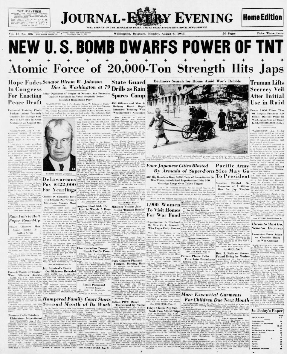 Front page of the Journal-Every Evening from Aug. 6, 1945.