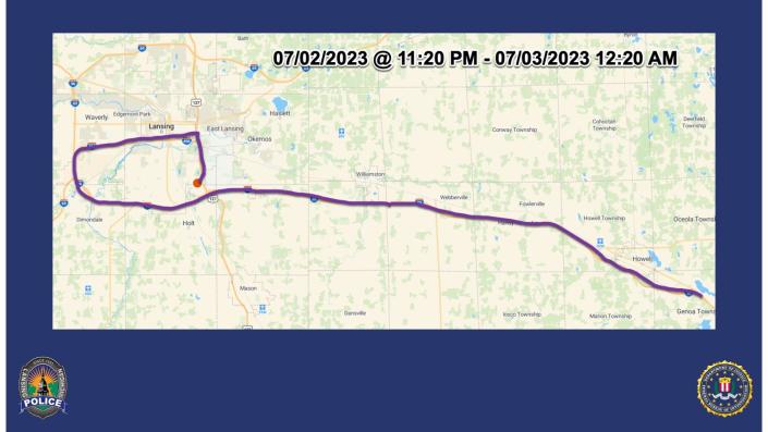 Lansing Police Department and FBI Detroit developed a possible route Rashad Trice drove in Mid-Michigan when he allegedly kidnapped Wynter Cole Smith, on July 2, 2023