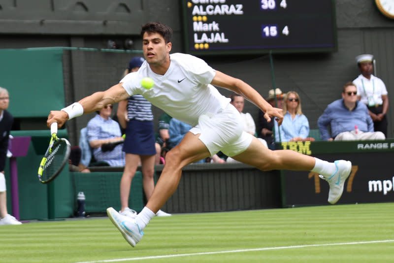 Spain's Carlos Alcaraz will play in the fourth round of Wimbledon 2024 on Sunday in London. Photo by Hugo Philpott/UPI