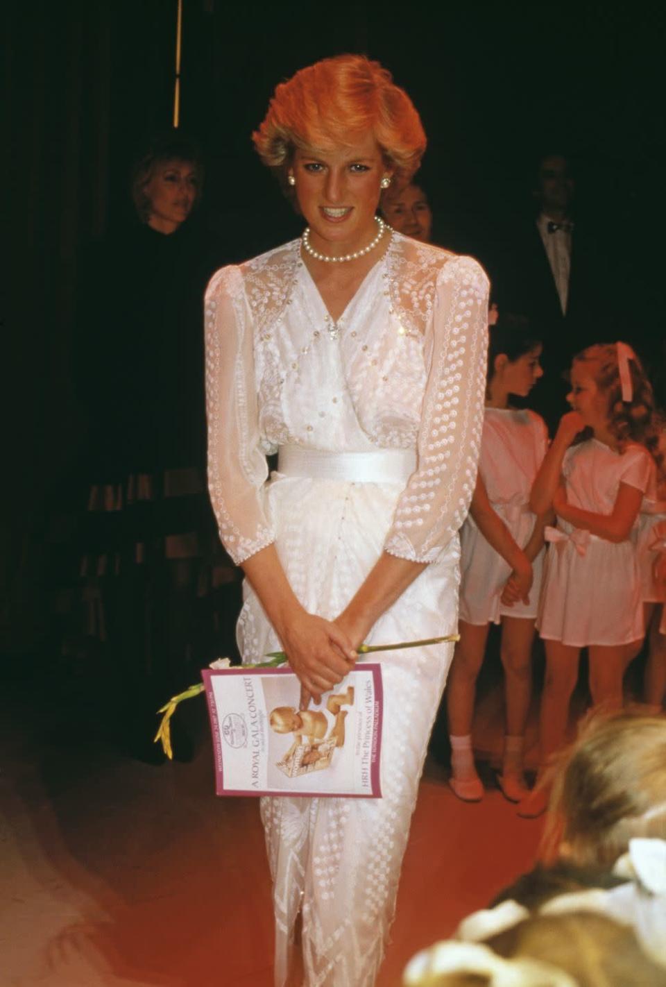 <p>At a charity gala, 1987. Wearing Zandra Rhodes.</p>