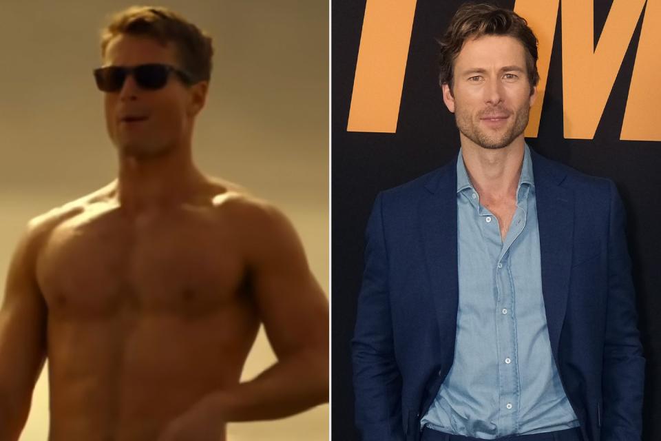 <p>Paramount Pictures;Hubert Vestil/Getty</p> Glen Powell jokes about not getting free sunglasses despite wearing them all the time in "Top Gun: Maverick"