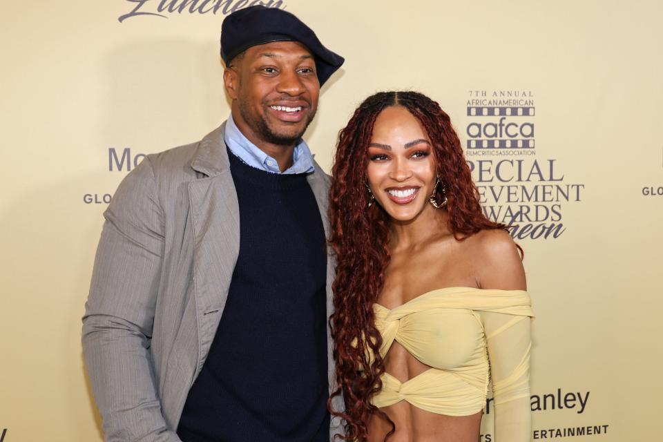 Jonathan Majors and Meagan Good attend the AAFCA Special Achievement Honorees Luncheon on March 3, 2024.