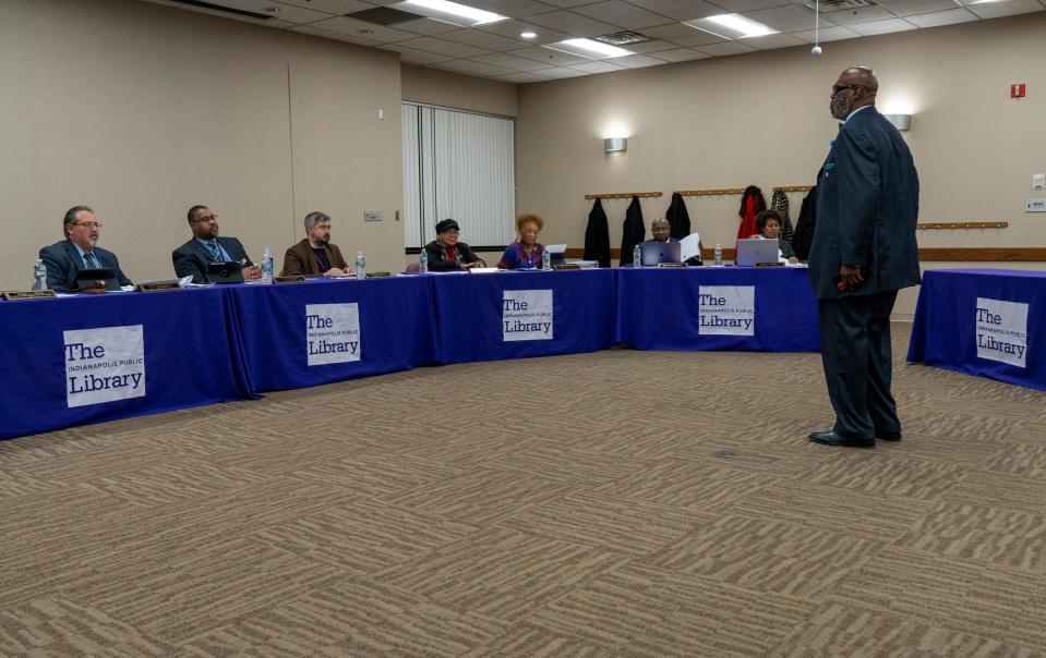 Lionel T. Rush, President at Interdenominational Ministerial Alliance of Greater Indianapolis, speaks at Indianapolis’ Library Services Center, Monday, Dec. 19, 2022, during an often contentious Indianapolis Public Library board meeting. At hand was the handling of a recent search for a new CEO, and widespread public opinion that Interim CEO Nichelle Hayes be retained as permanent CEO