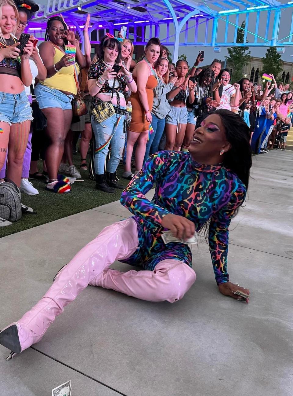Drag queen Kardi Redd Diamond performs during the Stark Pride Festival last summer. The Canton resident said being on stage is where she is happiest.