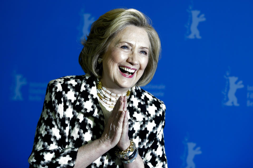 Former US Secretary of State, Hillary Clinton, poses for the photographers during a photo-call for the film 'Hillary' ' during the 70th International Film Festival Berlin, Berlinale in Berlin, Germany, Tuesday, Feb. 25, 2020. (AP Photo/Markus Schreiber)