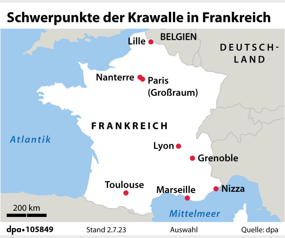 Schwerpunkte der Krawalle in Frankreich. (Redaktion: dpa; Grafik: F. Bökelmann)