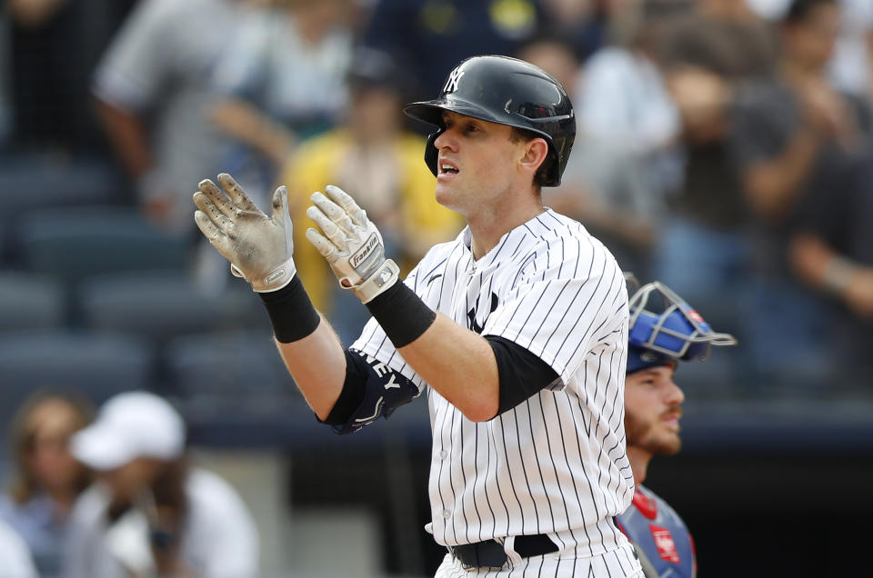 New York Yankees' Billy McKinney reacts after hitting a home run against the Texas Rangers during the fourth inning of a baseball game, Saturday, June 24, 2023, in New York. (AP Photo/Noah K. Murray)