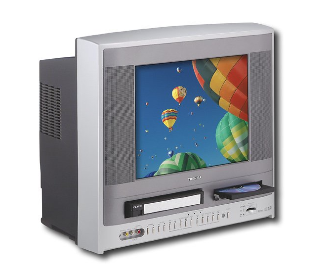 A TV with a VCR and DVD player