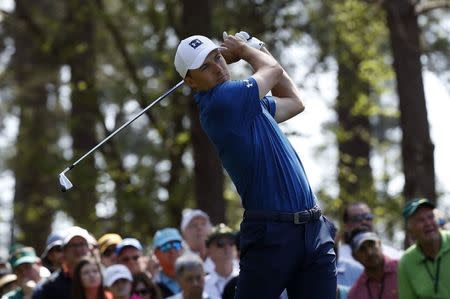 Jordan Spieth of the U.S. hits off the 4th tee during second round play of the 2018 Masters golf tournament at the Augusta National Golf Club in Augusta, Georgia, U.S., April 6, 2018. REUTERS/Mike Segar