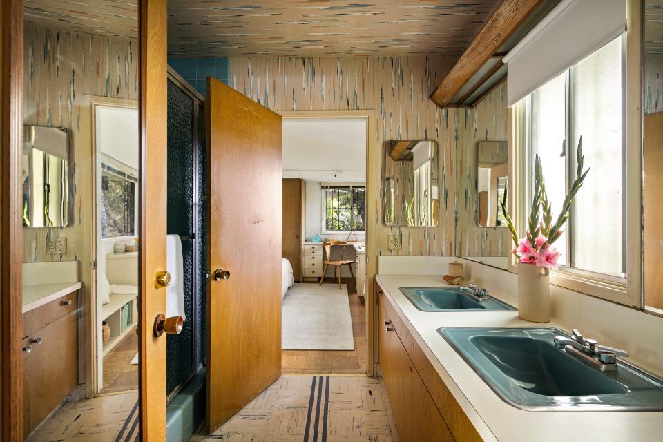 The guest bedrooms of Paul Reubens' Los Feliz estate are connected by a Jack-and-Jill bathroom.