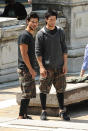 Taylor Lautner and stunt double on the set of 'Tracers' in NYC.