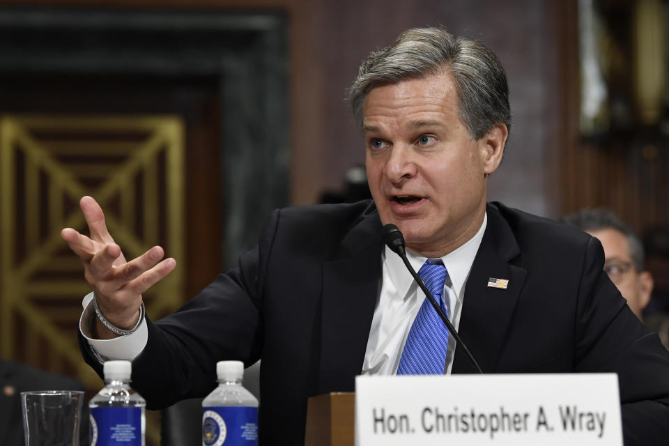 FBI Director Christopher Wray testifies before the Senate Judiciary Committee on Capitol Hill in Washington, Tuesday, July 23, 2019. Wray's appearance before the committee could be something of a preview of the intense questioning special counsel Robert Mueller is likely to face in Congress the next day. (AP Photo/Susan Walsh)