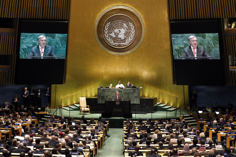 UN Secretary General Antonio Guterres addresses the 74th session of the United Nations General Assembly, Tuesday, Sept. 24, 2019. (AP Photo/Richard Drew)