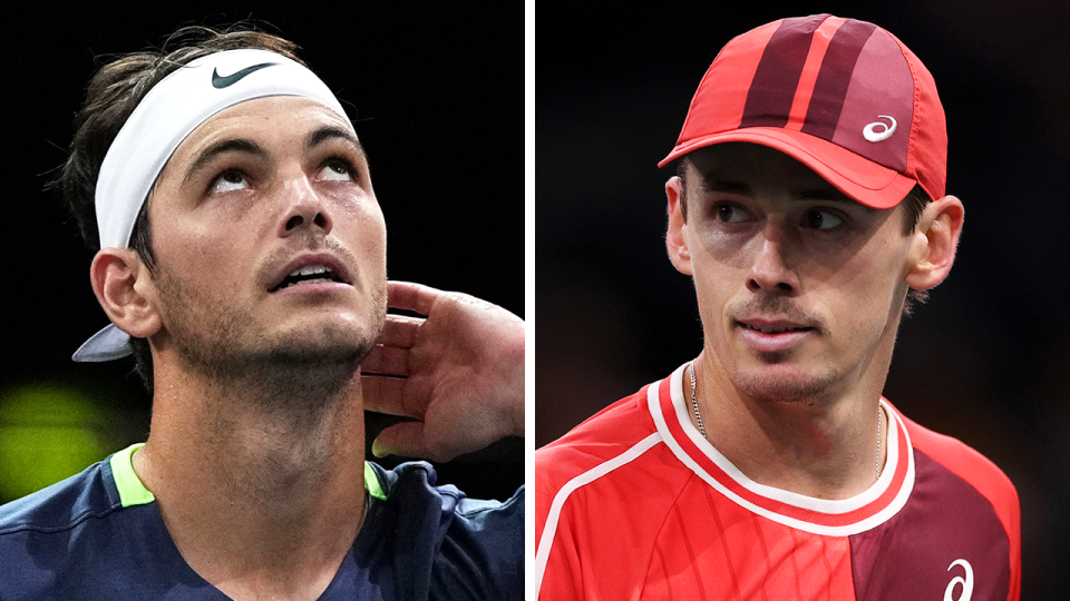 Taylro Fritz reacts and Alex de Minaur looks on.