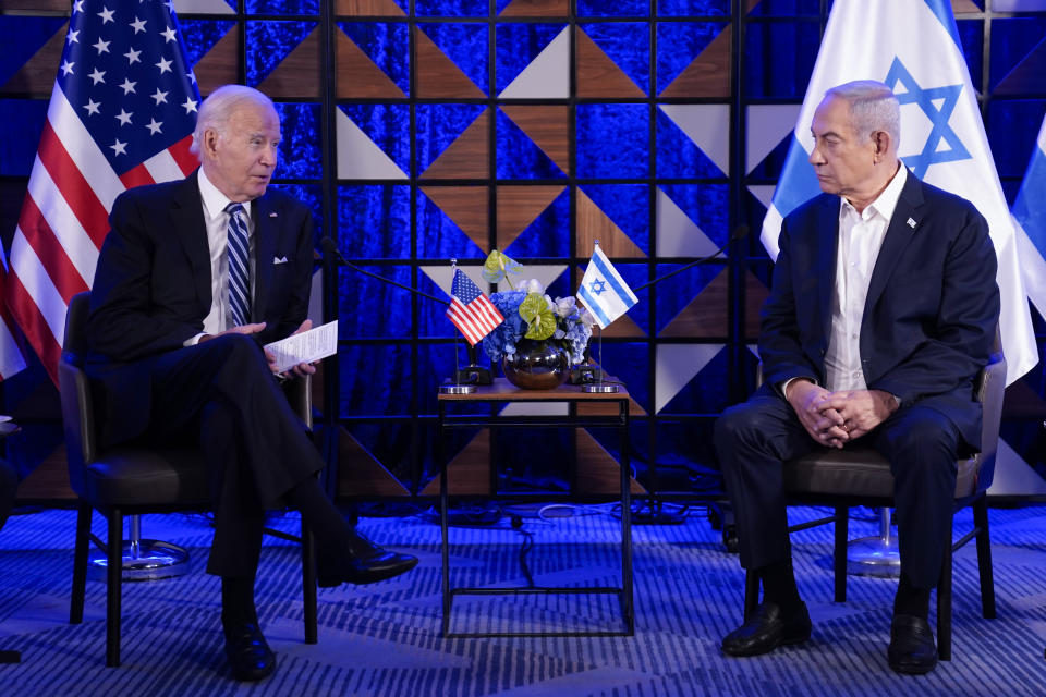 FILE - President Joe Biden speaks as he meets with Israeli Prime Minister Benjamin Netanyahu, Wednesday, Oct. 18, 2023, in Tel Aviv. (AP Photo/Evan Vucci, File)
