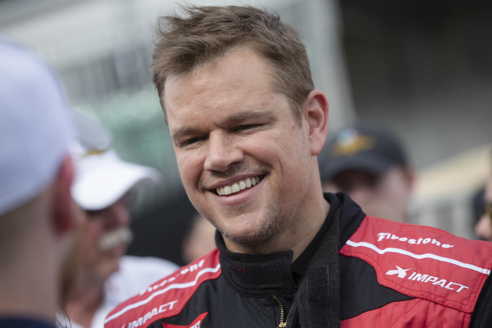 INDIANAPOLIS, IN - MAY 25: Matt Damon is seen as he waits on his IndyCar Experience ride at the Indianapolis Motor Speedway on May 25, 2019 in Indianapolis, Indiana. (Photo by Michael Hickey/Getty Images)