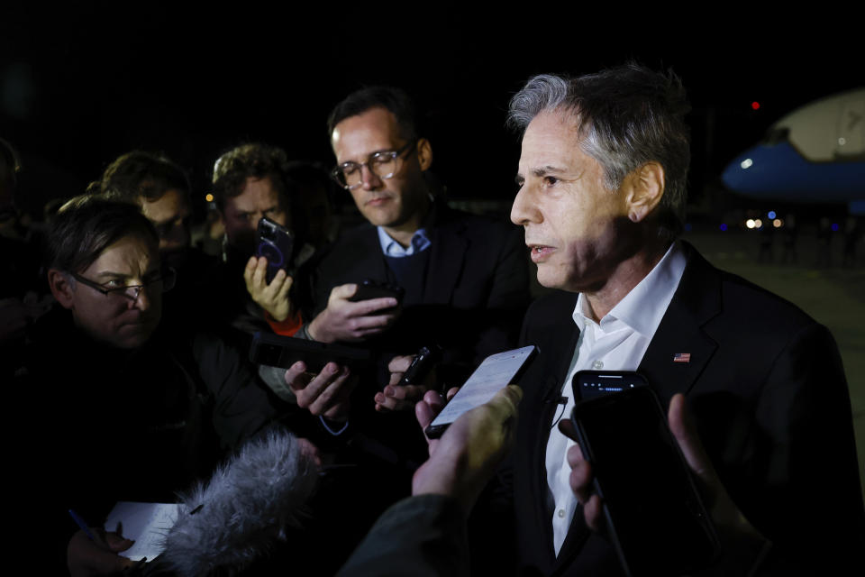 U.S. Secretary of State Antony Blinken speaks to the press before take off as he departs Crete for Amman, the next stop on his week-long trip aimed at calming tensions across the Middle East, in Crete, Greece, Saturday, Jan. 6, 2024. (Evelyn Hockstein/Pool Photo via AP)