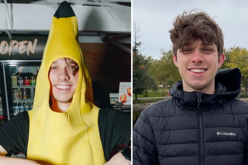 Liam Bulman, 23, smiles behind a bar while wearing a banana suit (left) and he smiles wearing a puffer jacket outdoors (right). 