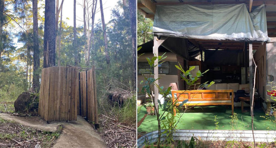 Outdoor shower and kitchen in Mullumbimby caravan for rent. 