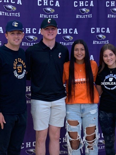Cincinnati Hills Christian Academy athletes signed their letters of intent to play college sports April 27. They are, from left: Colin Ames, baseball, Gulf Coast State College; Jack Vogele, baseball, University of Cincinnati; Carmen Soloria, volleyball, Anderson University and Claire Mitchell, cheerleading, Butler University