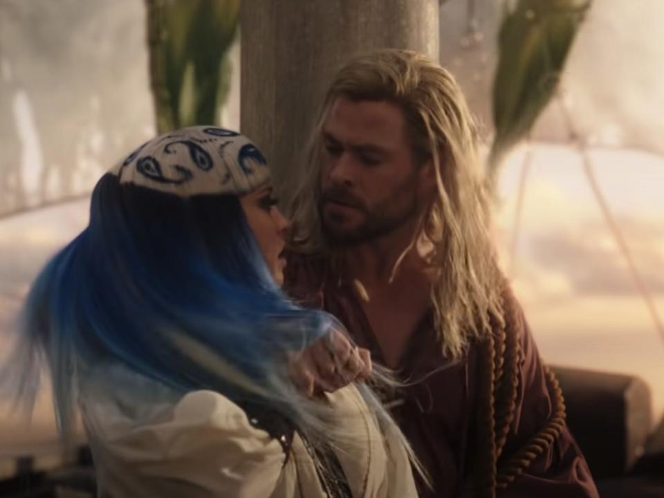 Thor on a boat with a pirate in "Thor: Love and Thunder."