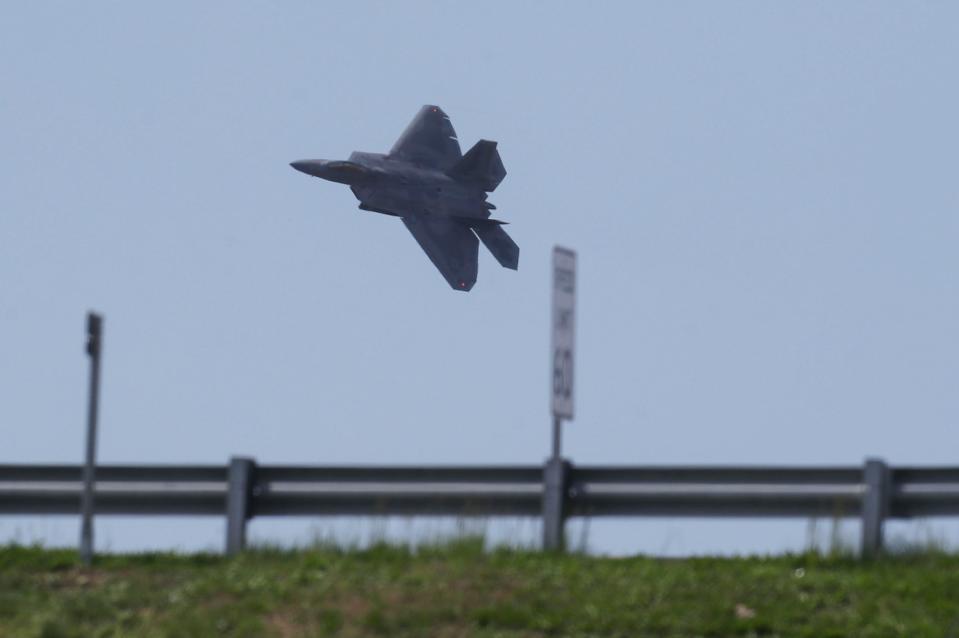 A fighter jet flies above Jeffersonville during a practice run the day before 2022 Thunder Over Louisville. An F-15 Strike Eagle as well as F-16 Vipers will be on display. April 22, 2022