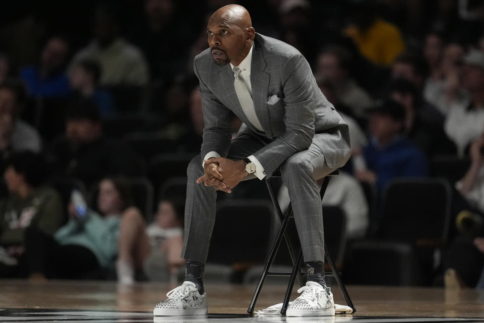 Vanderbilt head coach Jerry Stackhouse looks onto the court during the second half of an NCAA college basketball game against Kentucky, Tuesday, Feb. 6, 2024, in Nashville, Tenn. Kentucky won 109-77. (AP Photo/George Walker IV)