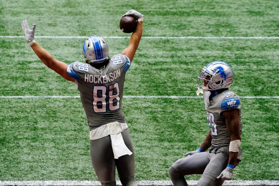 Lions tight end T.J. Hockenson celebrates his touchdown against the Falcons during the second half of the Lions' 23-22 win on Sunday, Oct. 25, 2020, in Atlanta.