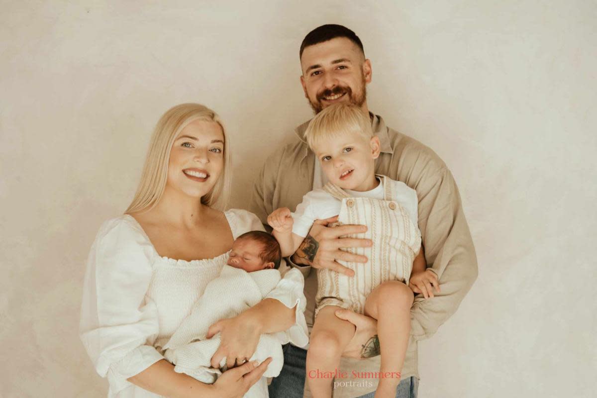 Courtney Harris with new baby Brodie McDonald, partner Lannock McDonald, and her son Alfie McDonald <i>(Image: Charlie Summers Portraits)</i>