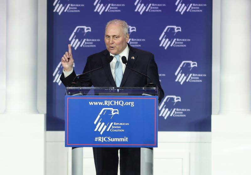 Representative Steve Scalise, a Republican from Louisiana, speaks during the Republican Jewish Coalition (RJC) Annual Leadership Meeting in Las Vegas, Nevada, US, on Saturday, Oct. 28, 2023. After lying dormant as an issue for the past couple of elections, the soaring US budget deficit is starting to matter again in Washington with Republicans pointing to post-Covid stimulus and other spending that has pushed the deficit past $2 trillion for the fiscal year ending in September.