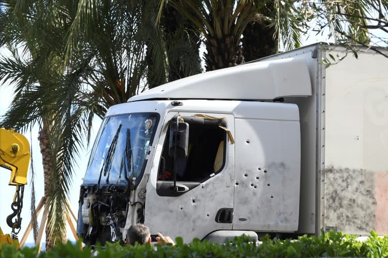 A truck, riddled with bullet holes, that was driven through a crowd celebrating Bastille Day in the French Riviera city of Nice, killing 84 people