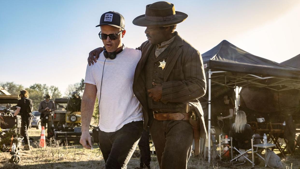 chad feehan, executive producer, and david oyelowo as bass reeves in lawmen bass reeves, episode 3, season 1, streaming on paramount, 2023 photo credit emerson millerparamount