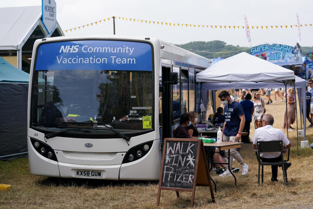 A Covid-19 vaccination bus at Latitude festival in Henham Park, Southwold, Suffolk (Jacob King/PA) (PA Wire)