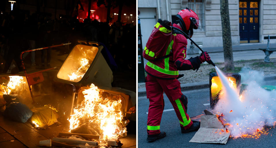 On the left, several bins are on fire during the night, while on the right a firefighter extinguishes a fire inside a bin.