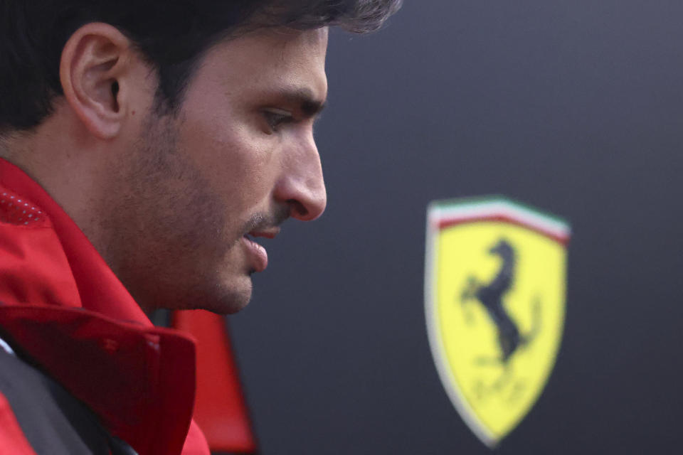 Ferrari driver Carlos Sainz of Spain arrives at the tack ahead of the Australian Formula One Grand Prix at Albert Park in Melbourne, Friday, March 31, 2023. (AP Photo/Asanka Brendon Ratnayake)