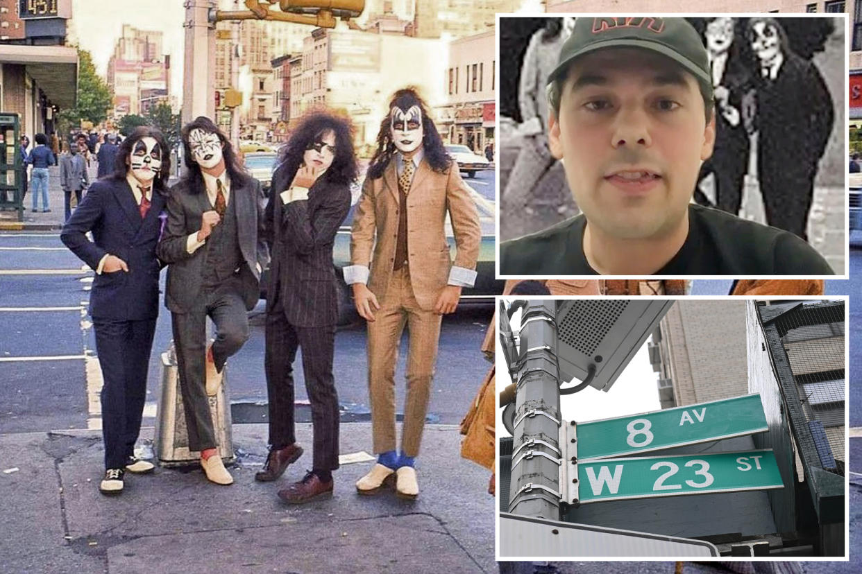 composite image: left, kiss in full makeup on a streetcorner in chelsea in 1974; upper right kiss fan michael fame; lower right streetcorner signs of w23 and 8th ave